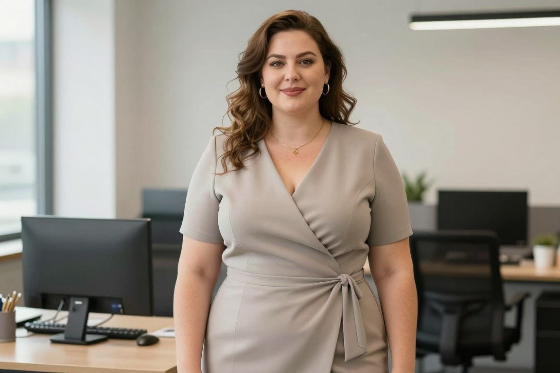 plus size woman in professional wrap dress