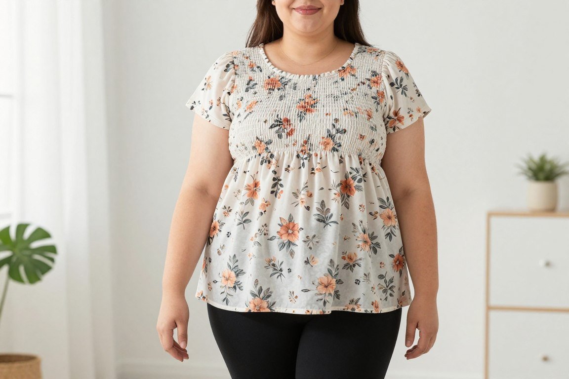 plus size woman wearing floral smocked tunic with black leggings