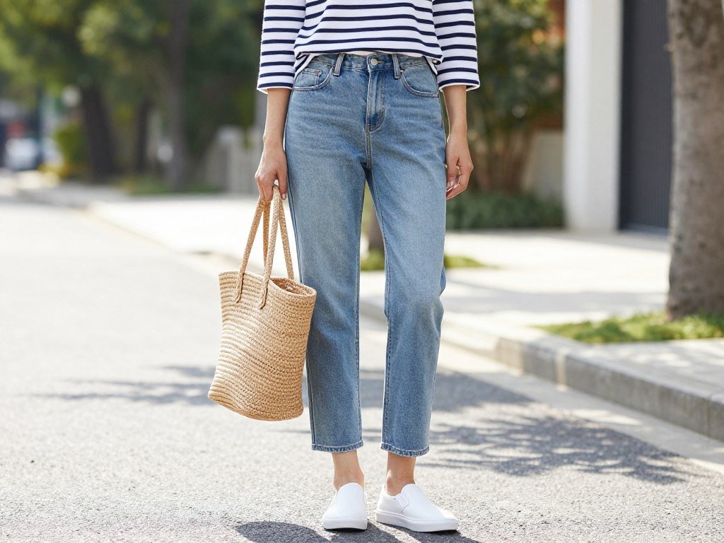 relaxed boyfriend jeans with striped shirt and slip-on shoes