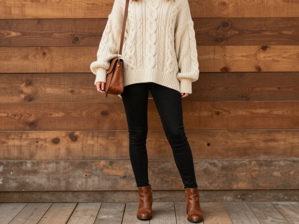 skinny jeans paired with chunky oversized sweater