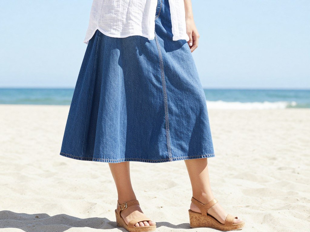 summer denim maxi skirt outfit with linen top and wedge sandals