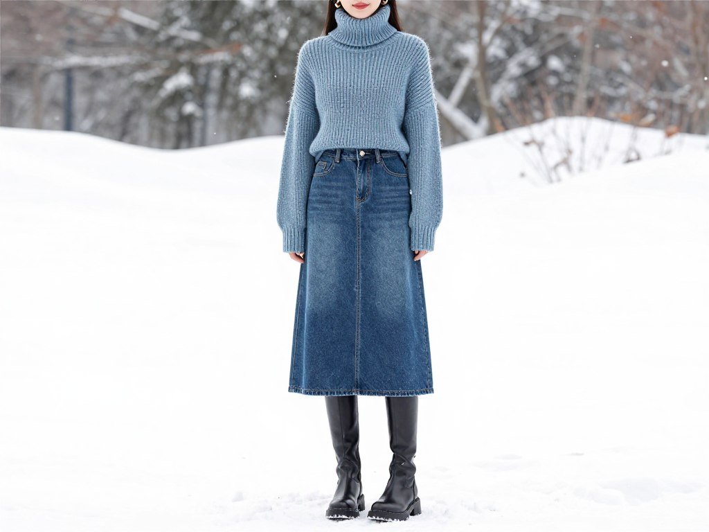 winter denim maxi skirt outfit with turtleneck sweater and tall boots
