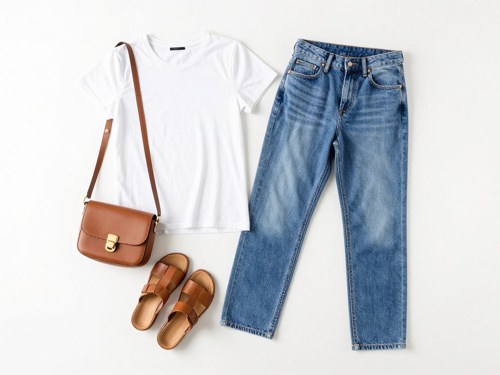 woman wearing white t-shirt with medium wash jeans and sandals
