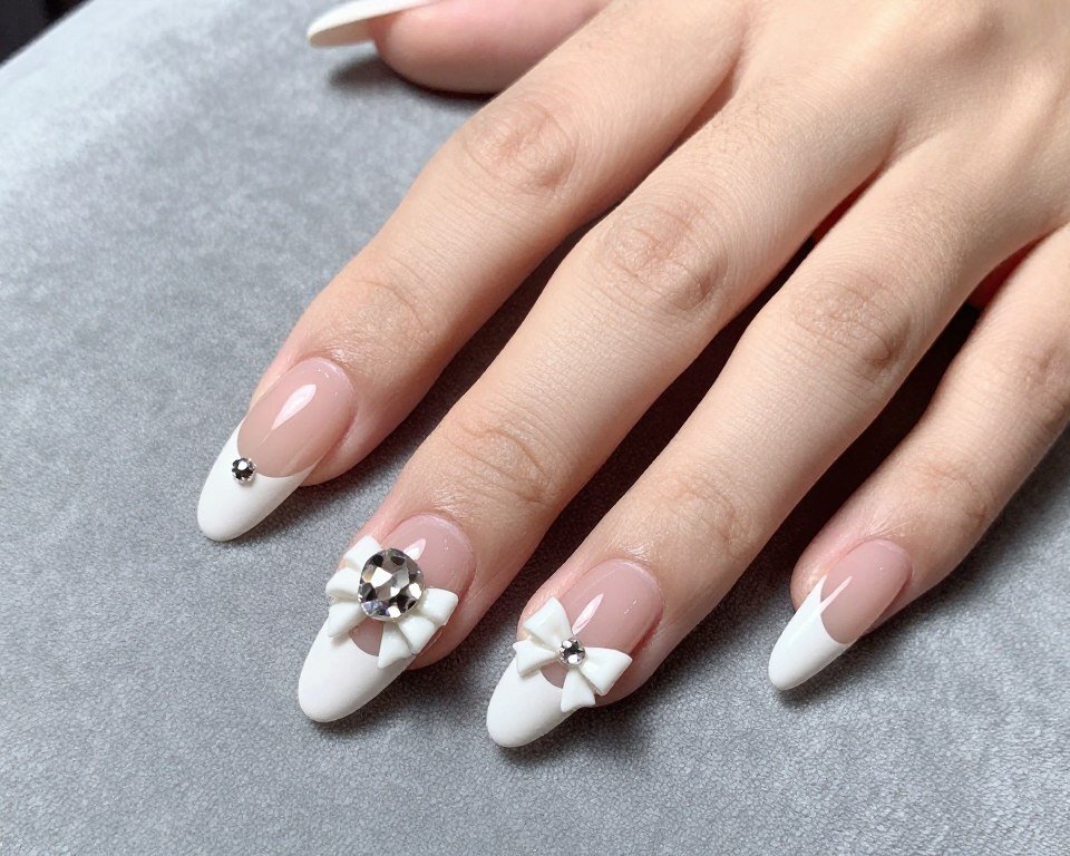 3D embellished French tip almond nails with crystals