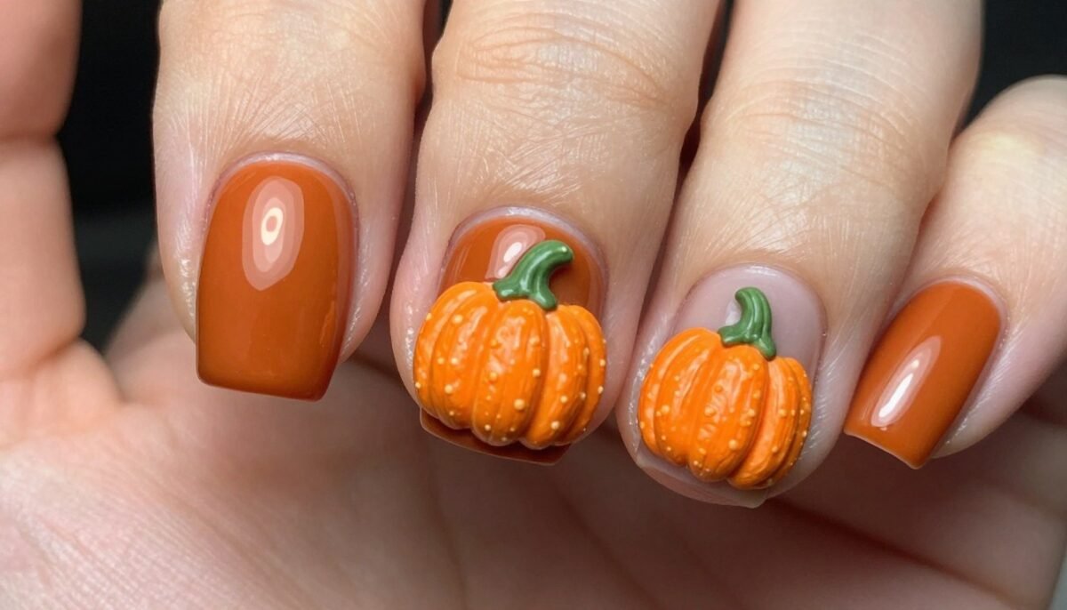 3D pumpkin embellishments on October nails with sculpted acrylic creating raised dimensional designs 3D pumpkin embellishments on October nails with sculpted acrylic creating raised dimensional designs