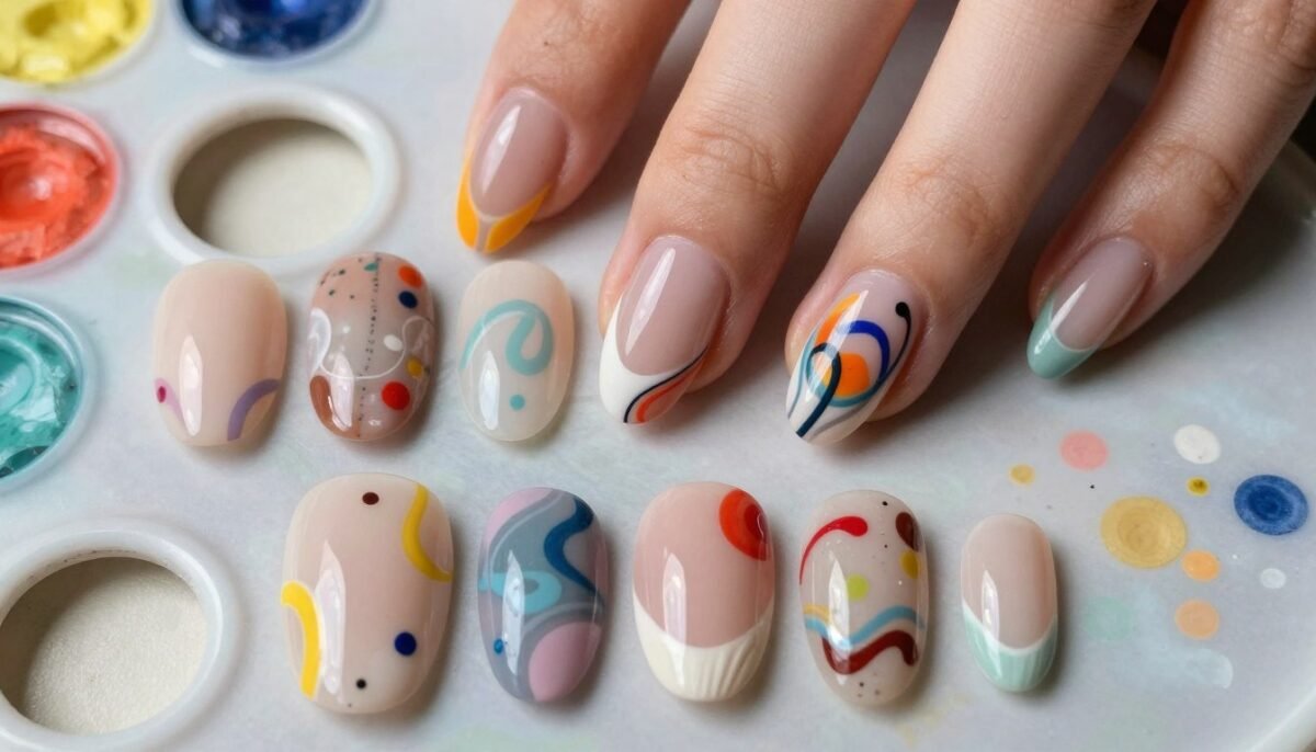 Abstract art French tip almond nails with colorful designs Abstract art French tip almond nails with colorful designs