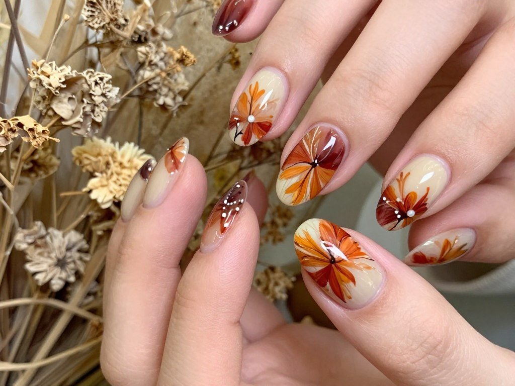 Abstract autumn floral nail art design
