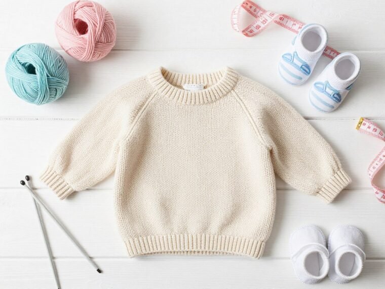 Adorable crewneck baby sweater knitting pattern in soft pastel yarn