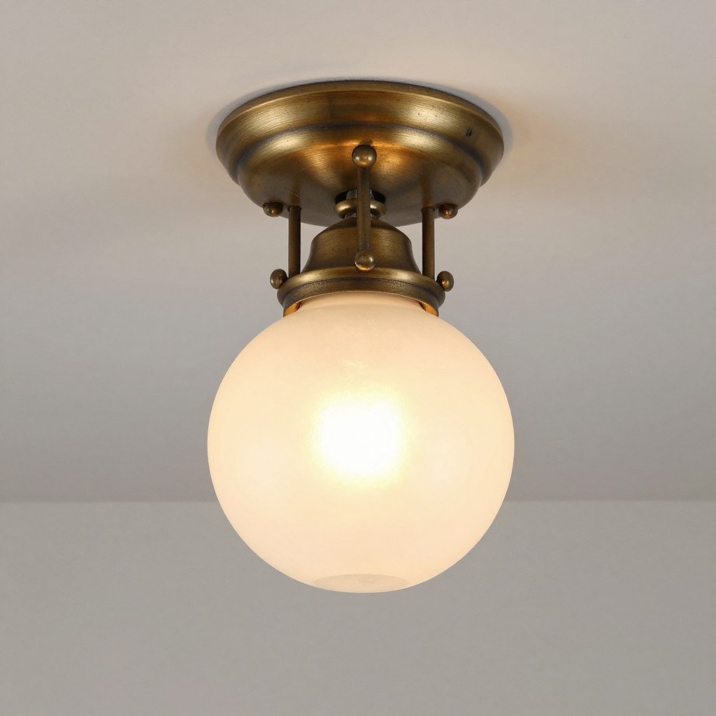 Aged brass semi-flush mount light with seeded glass shade