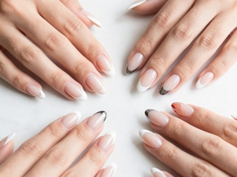 Almond French Tip Nail Art Designs showcase with various styles