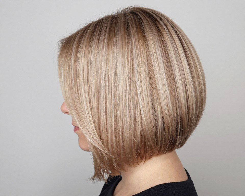 Angled bob haircut shorter in back for thin hair volume