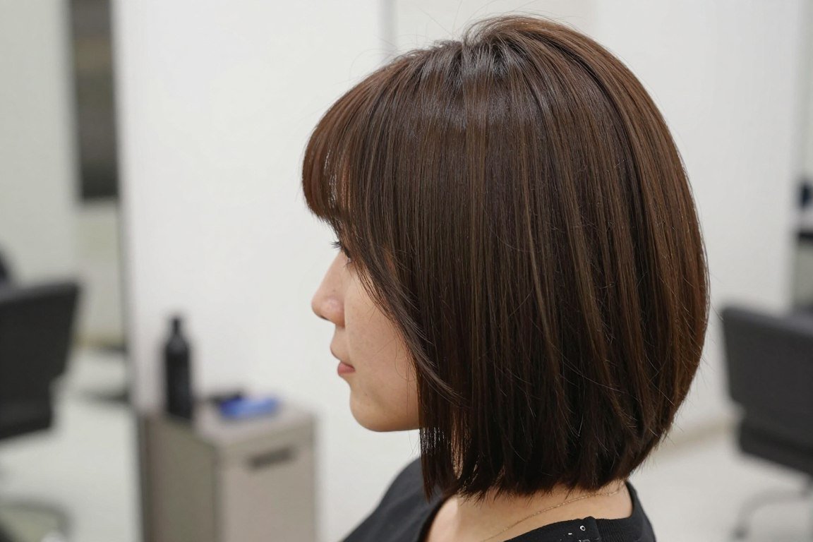 Angled bob with longer front pieces for thin hair showing gradient