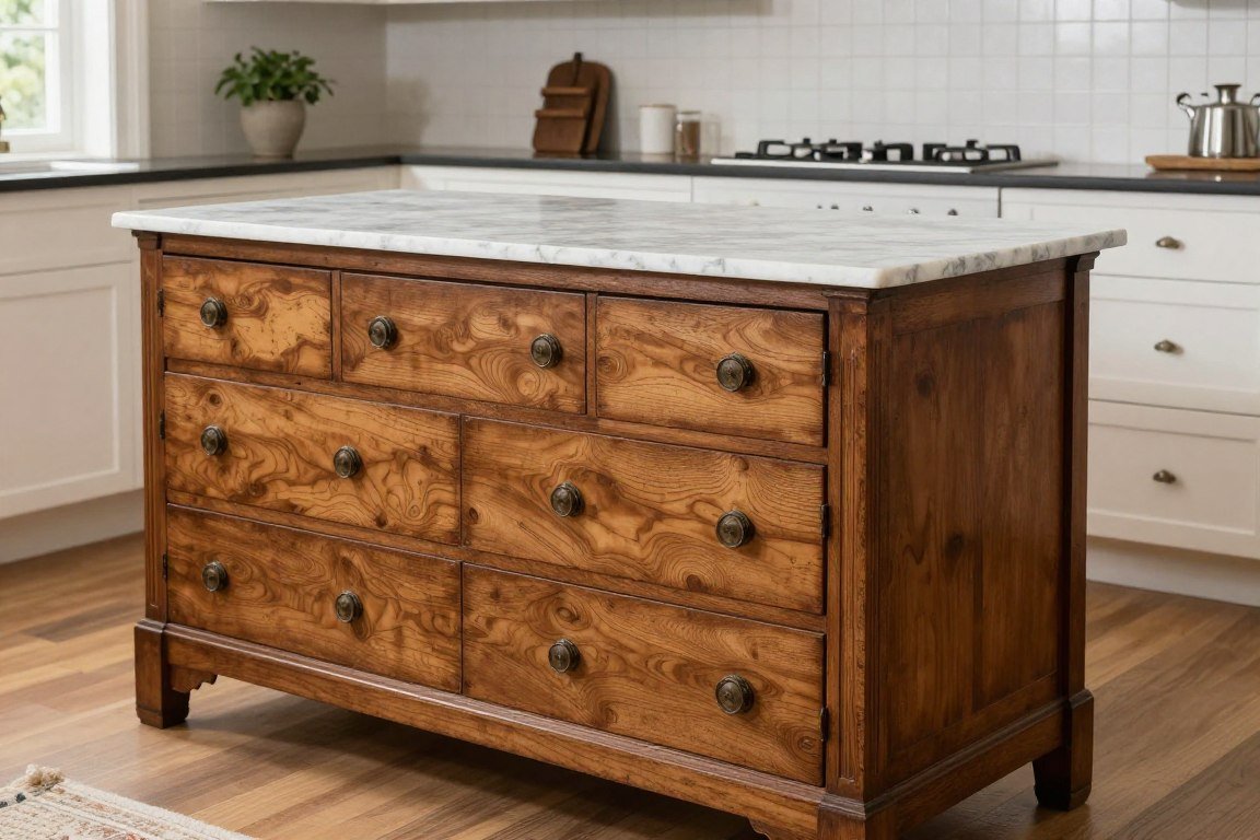 Antique dresser converted to kitchen island with marble top