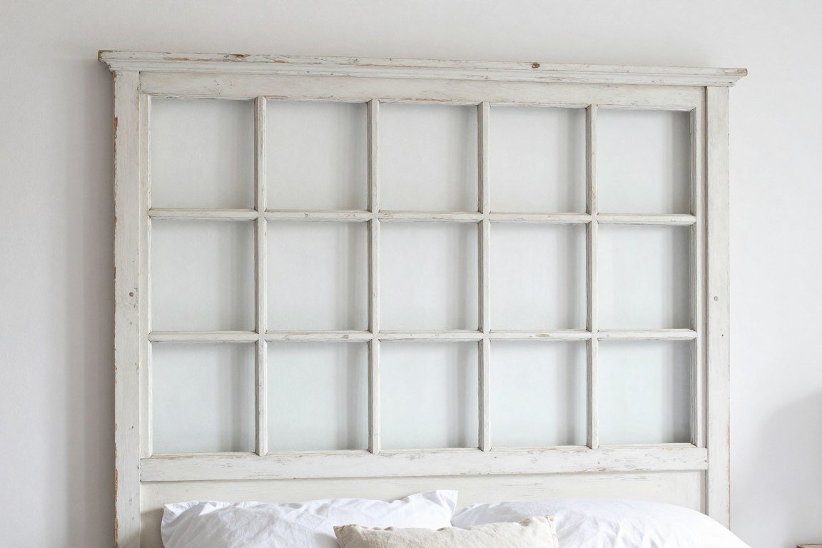 Antique multi-pane window frame repurposed as vintage DIY headboard with chippy white paint