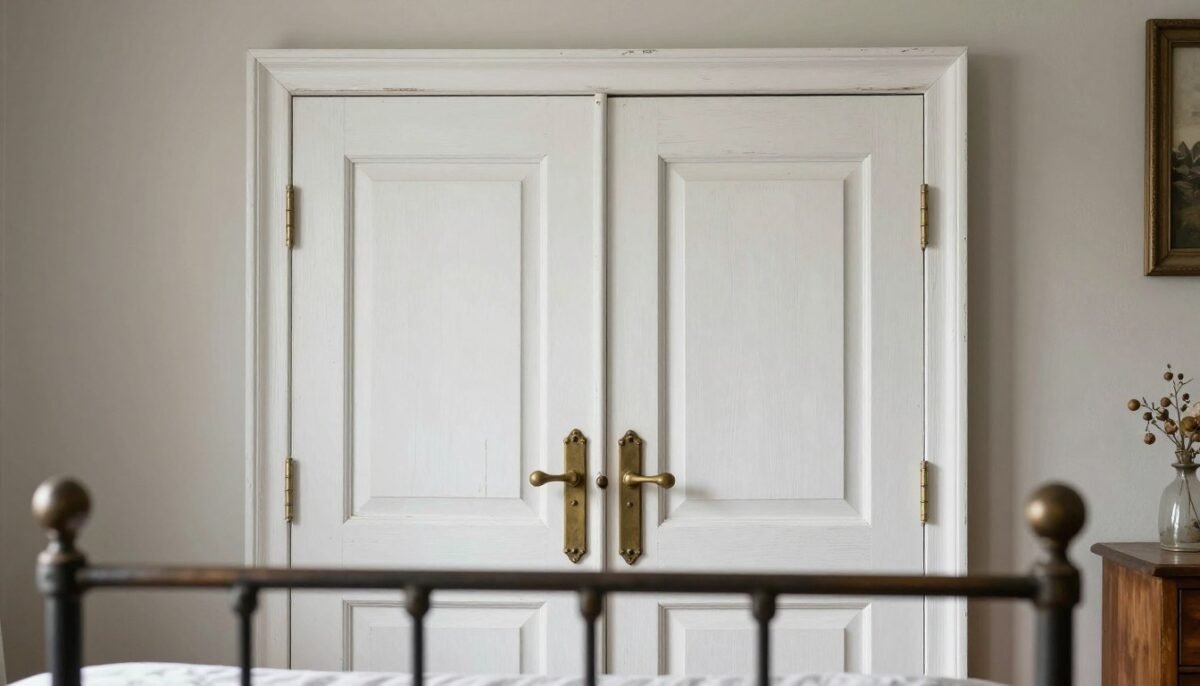 Antique white-painted vintage door repurposed as rustic DIY headboard with original hardware intact