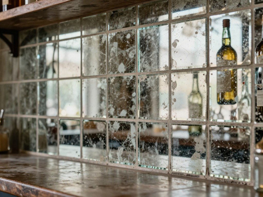 Antiqued mirror tile backsplash with vintage patina