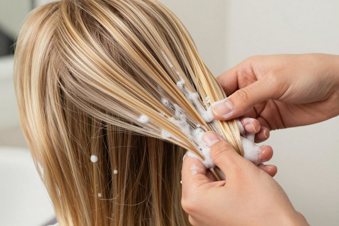 Applying deep conditioning hair mask to blonde ends