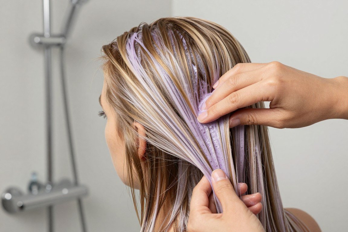Applying purple shampoo to blonde balayage hair