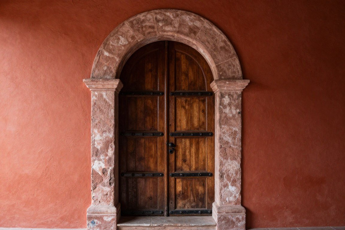 Arched doorway in Mexican home decor with wooden door
