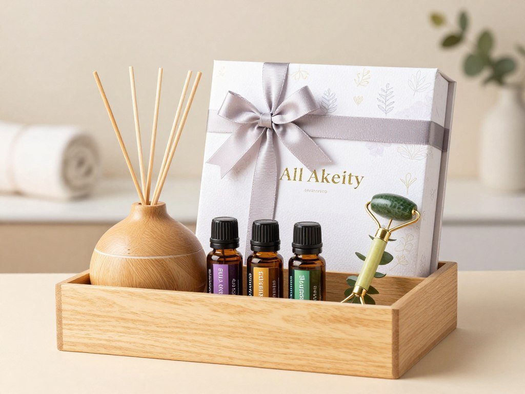 Aromatherapy gift basket with essential oils and diffuser