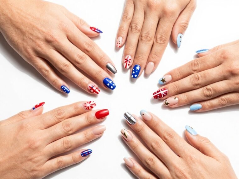 Array of July nails designs featuring patriotic colors, chrome finishes, and summer florals on manicured hands
