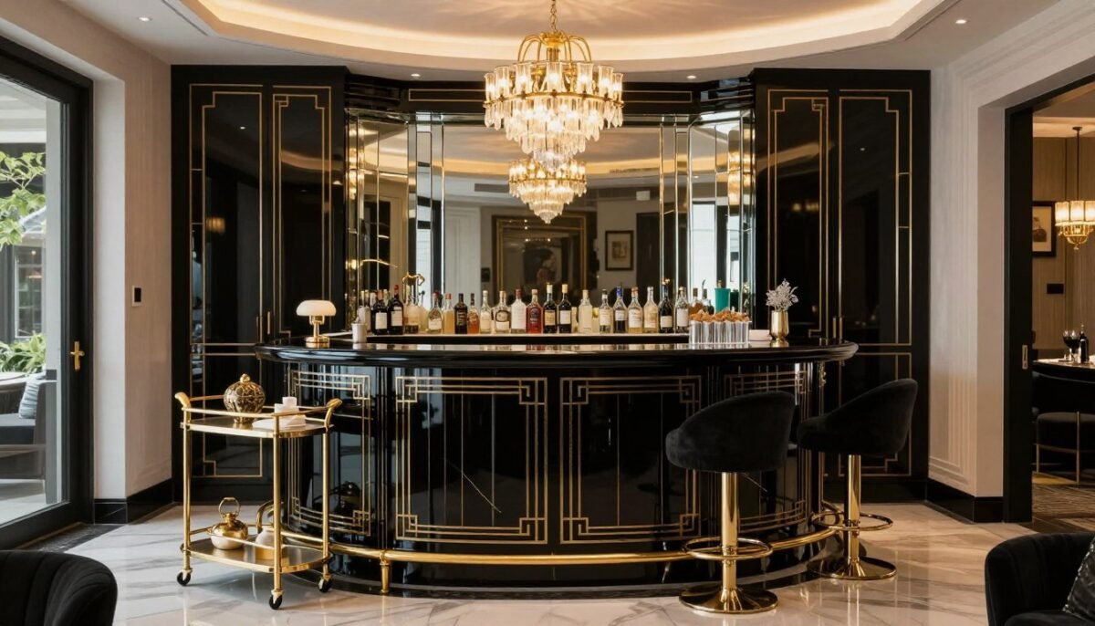 Art Deco style home bar with black cabinets and gold accents