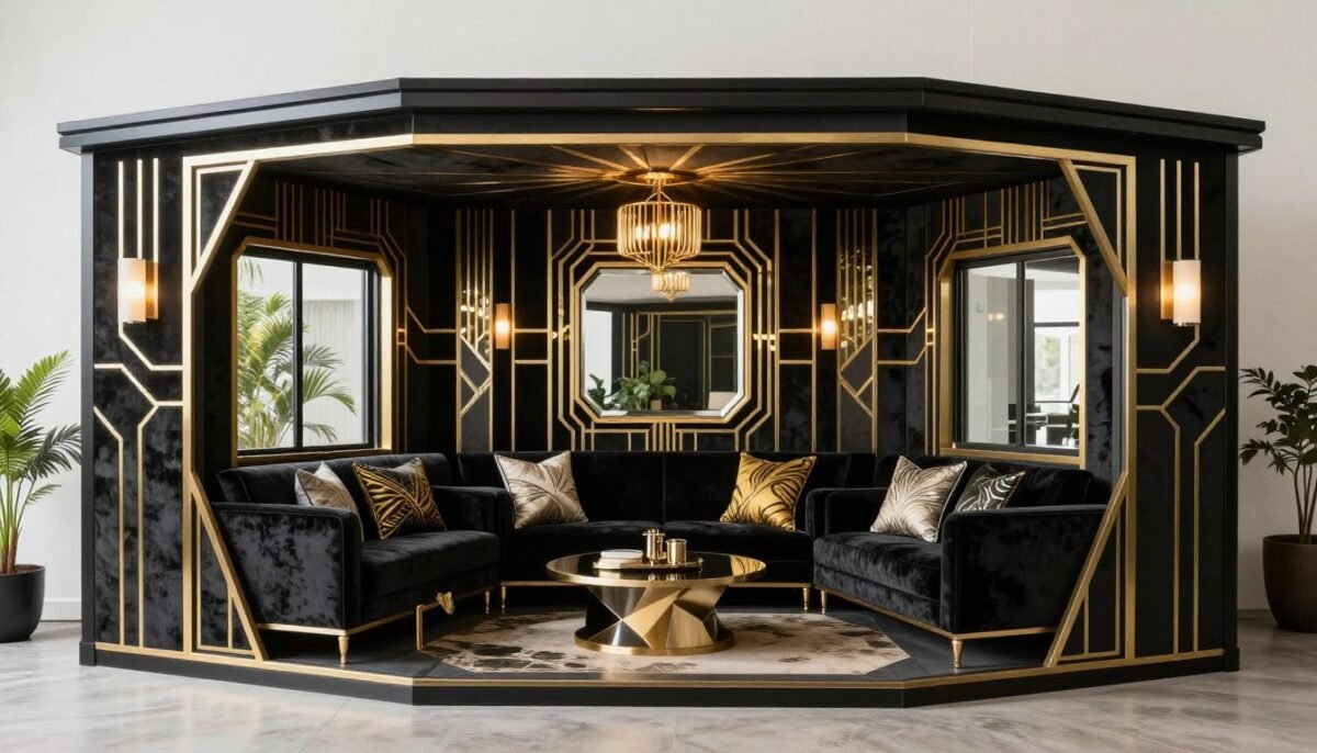 Art deco interior design in 16x40 shed house