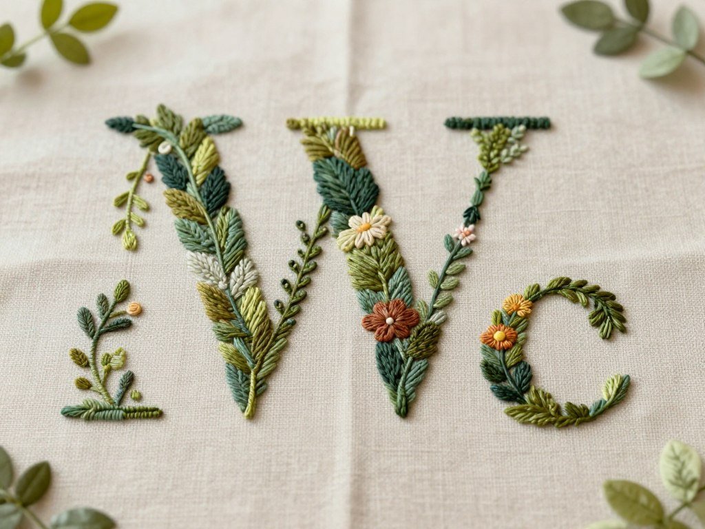Artistic hand embroidered letters shaped from botanical elements like leaves, stems, and flowers