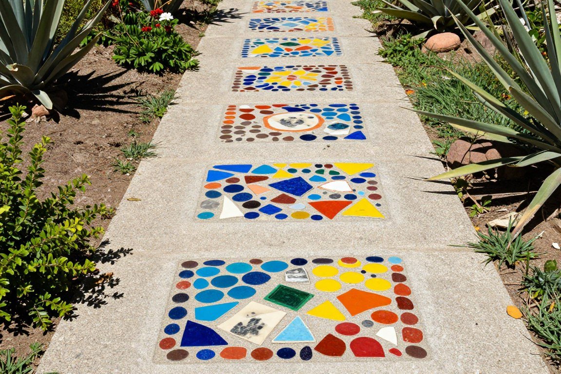 Artistic mosaic tile pathway made from colorful broken tiles and pottery pieces