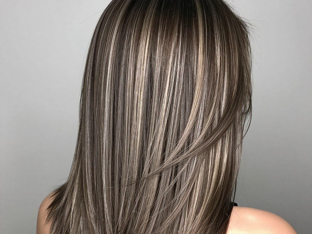 Ash blonde balayage on dark brown hair with cool silver tones