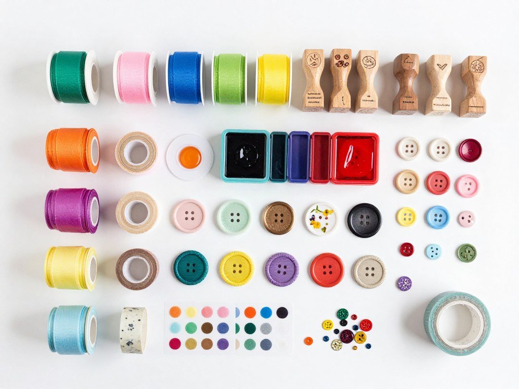 Assorted craft supplies including ribbons, buttons, stamps, and embellishments for card making