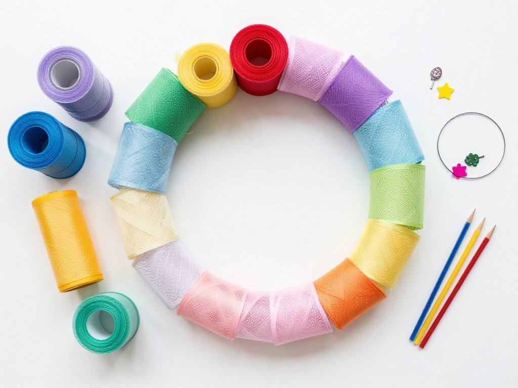 Assortment of deco mesh wreath making supplies laid out on crafting table