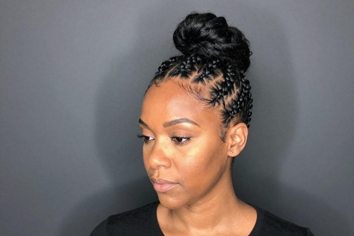 Asymmetrical braided updo showing modern off-center design for older Black women