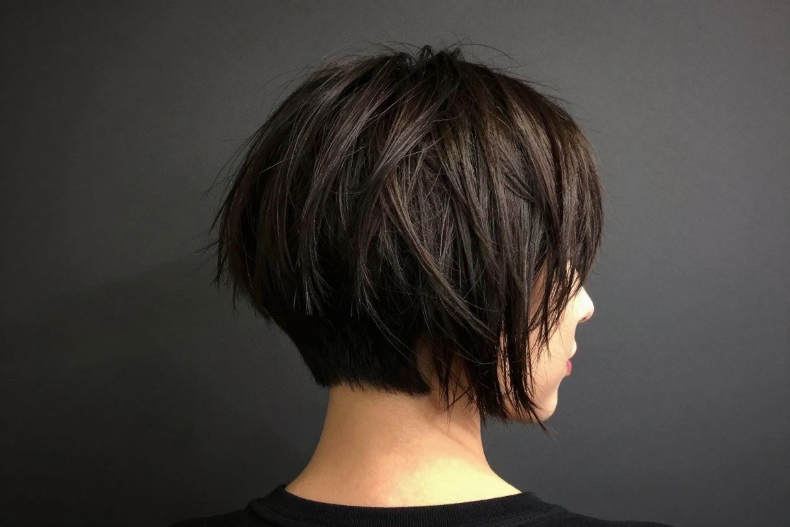 Asymmetrical choppy bob with one side longer creating bold modern look for fine hair