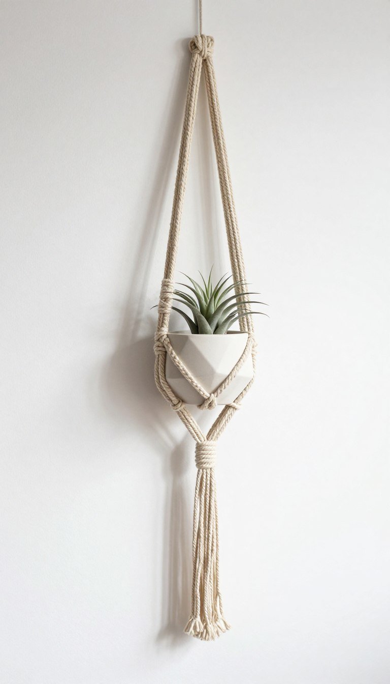 Asymmetrical modern macrame plant hanger with uneven design elements