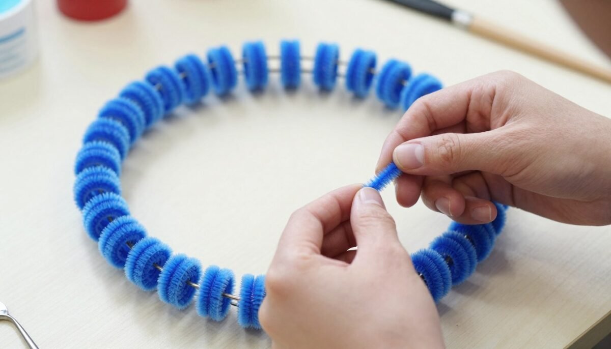 Attaching first curl to wire wreath form with pipe cleaner