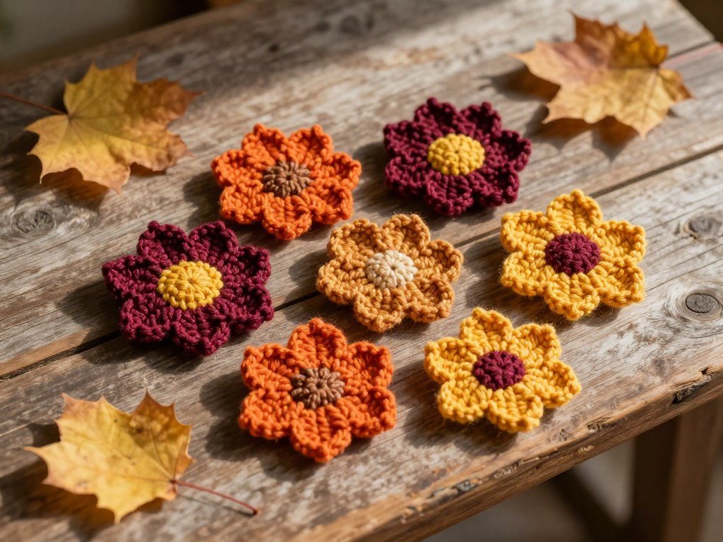 Autumn crochet flowers in burgundy, orange, and gold tones
