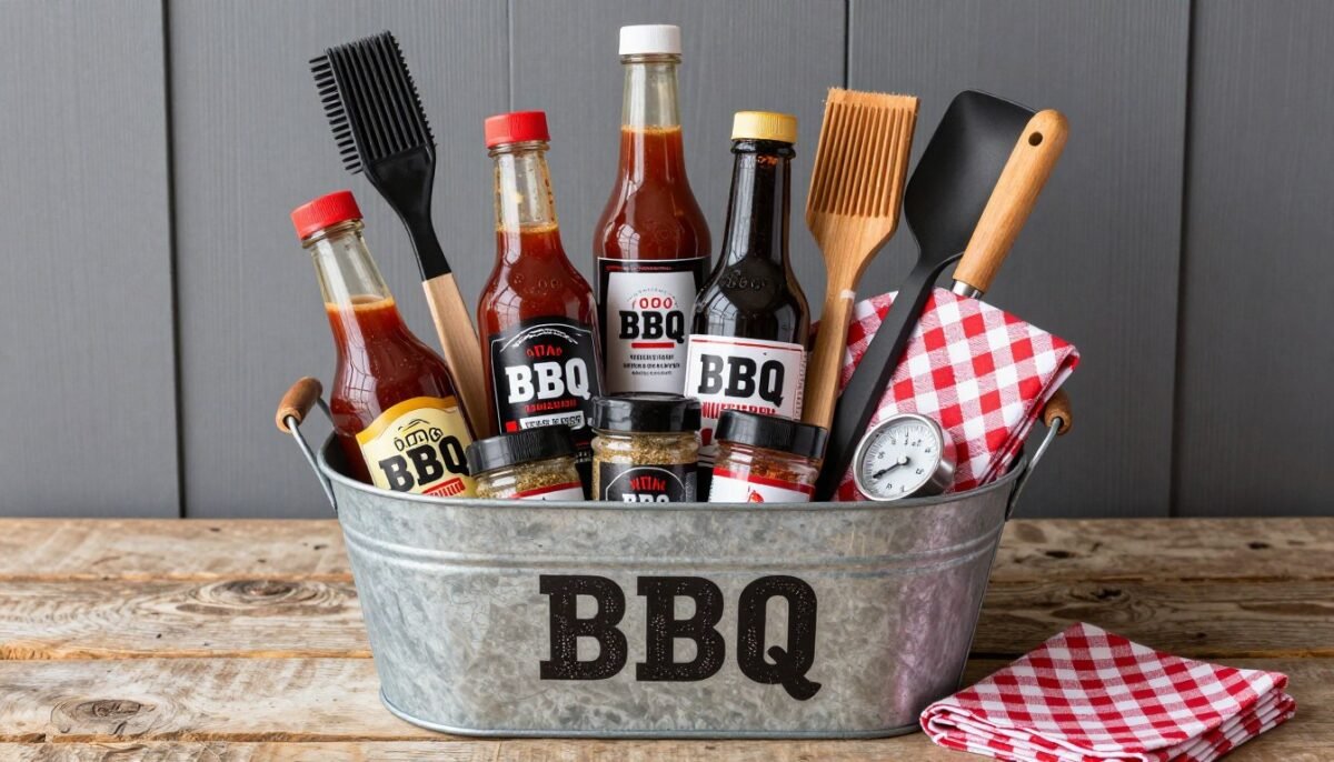 BBQ gift basket with grilling tools and sauces