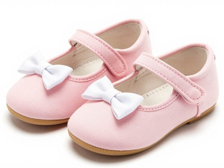 Baby Mary Janes Shoes with decorative bow pattern on white background