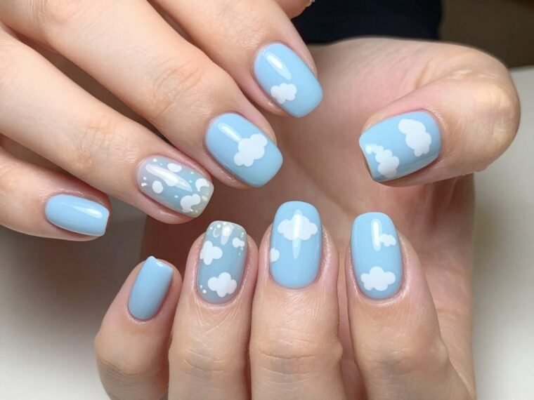 Baby blue cloud nail design with soft white fluffy clouds on light blue base