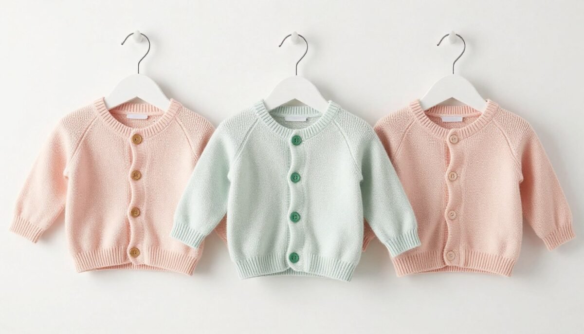 Baby cardigans in multiple sizes showing pattern scaling