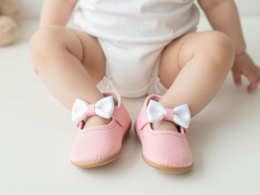 Baby girl wearing handmade mary jane shoes with pink bow