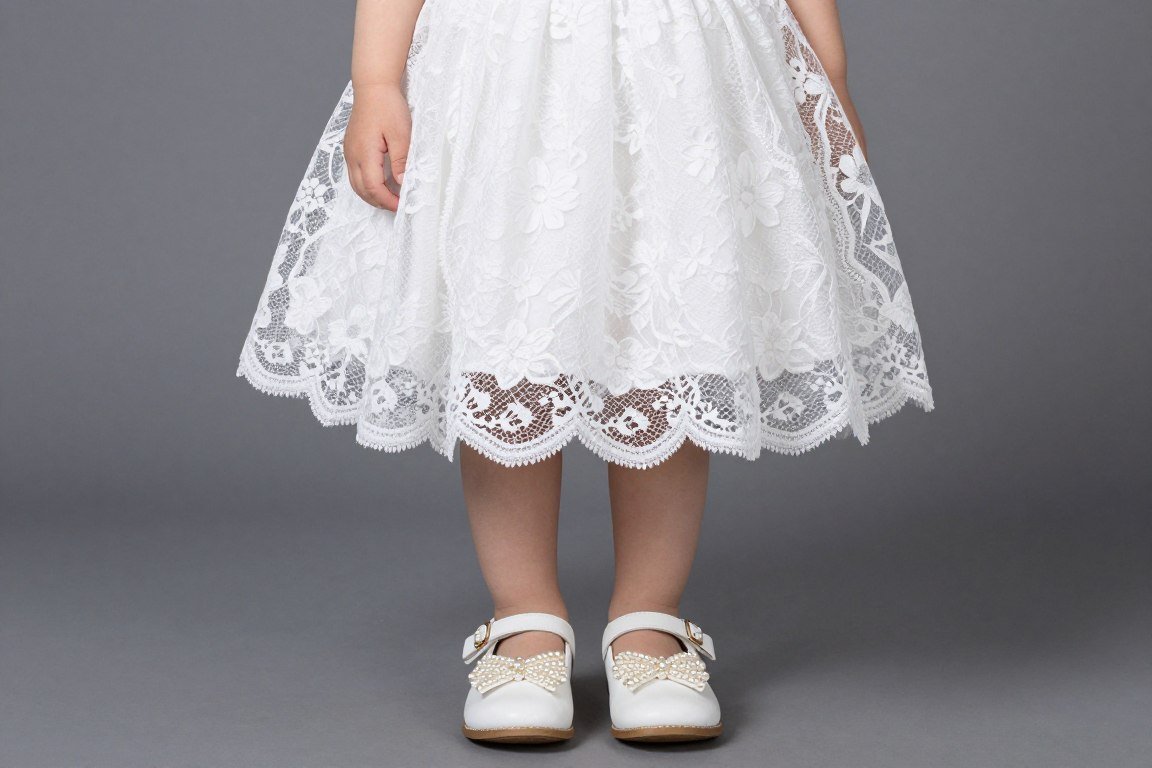 Baby in formal dress with white mary jane shoes