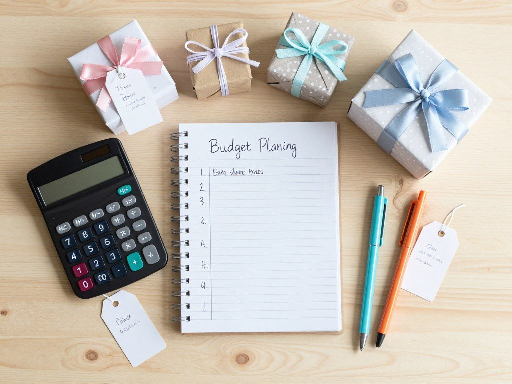 Baby shower prize budget planning with calculator and gift items