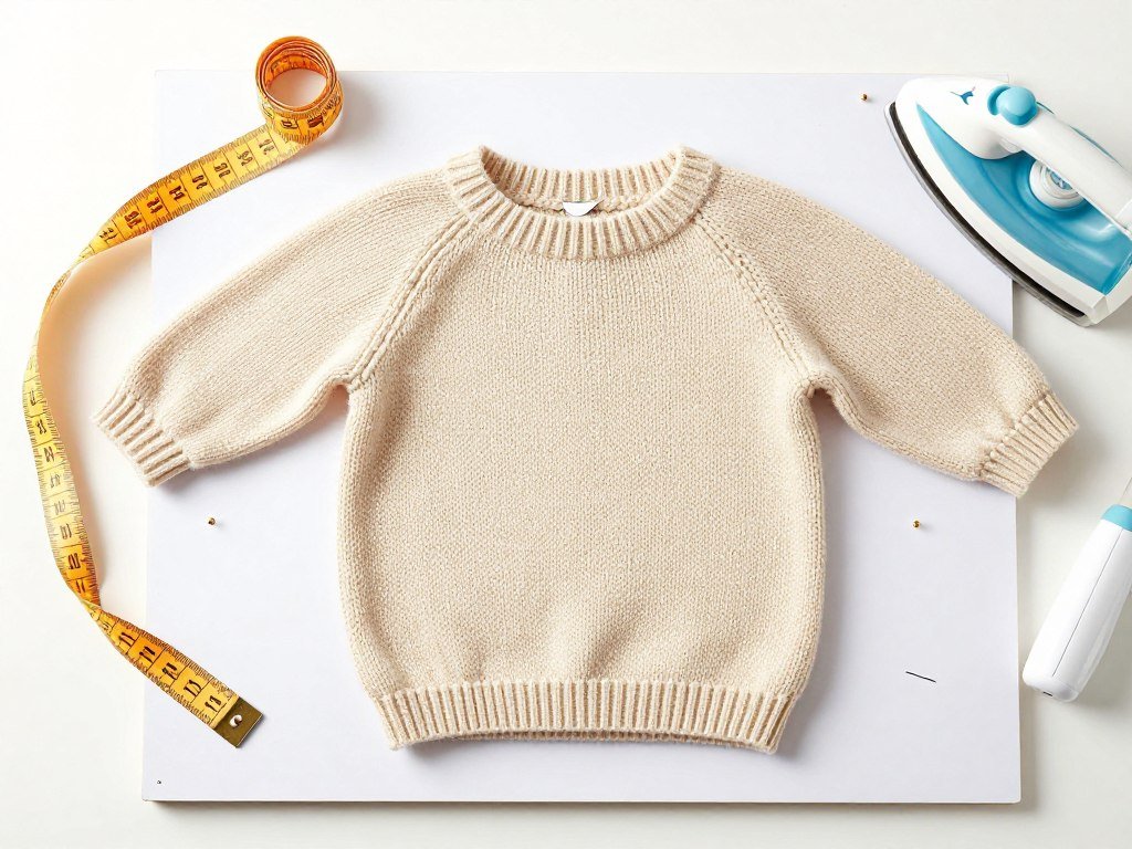 Baby sweater pinned on blocking board