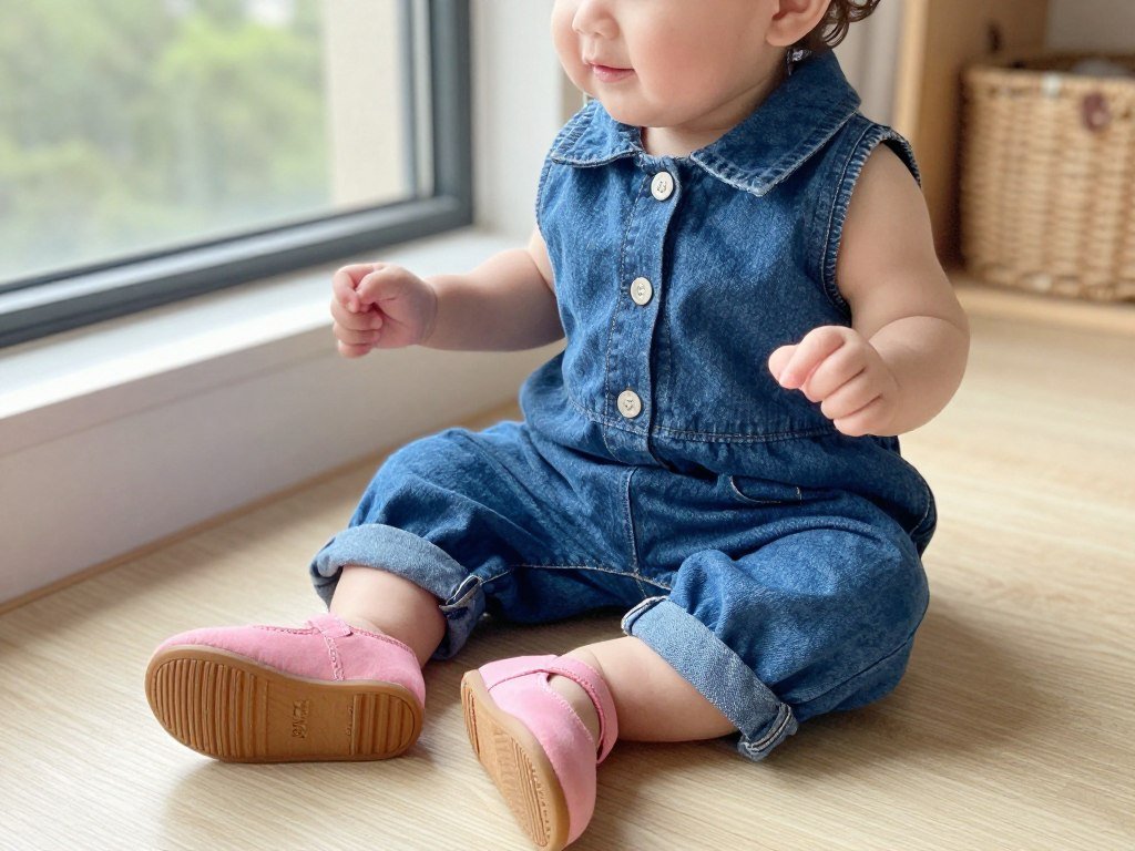 Baby wearing casual outfit with pink mary jane shoes