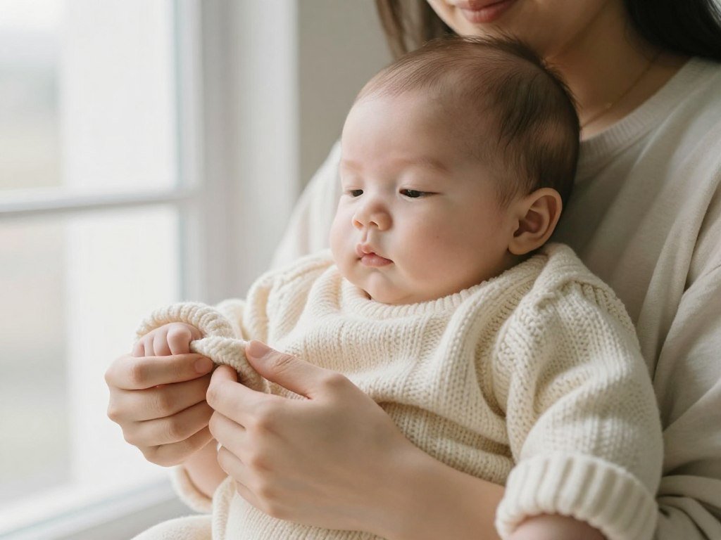 Baby wearing handknit sweater with parent
