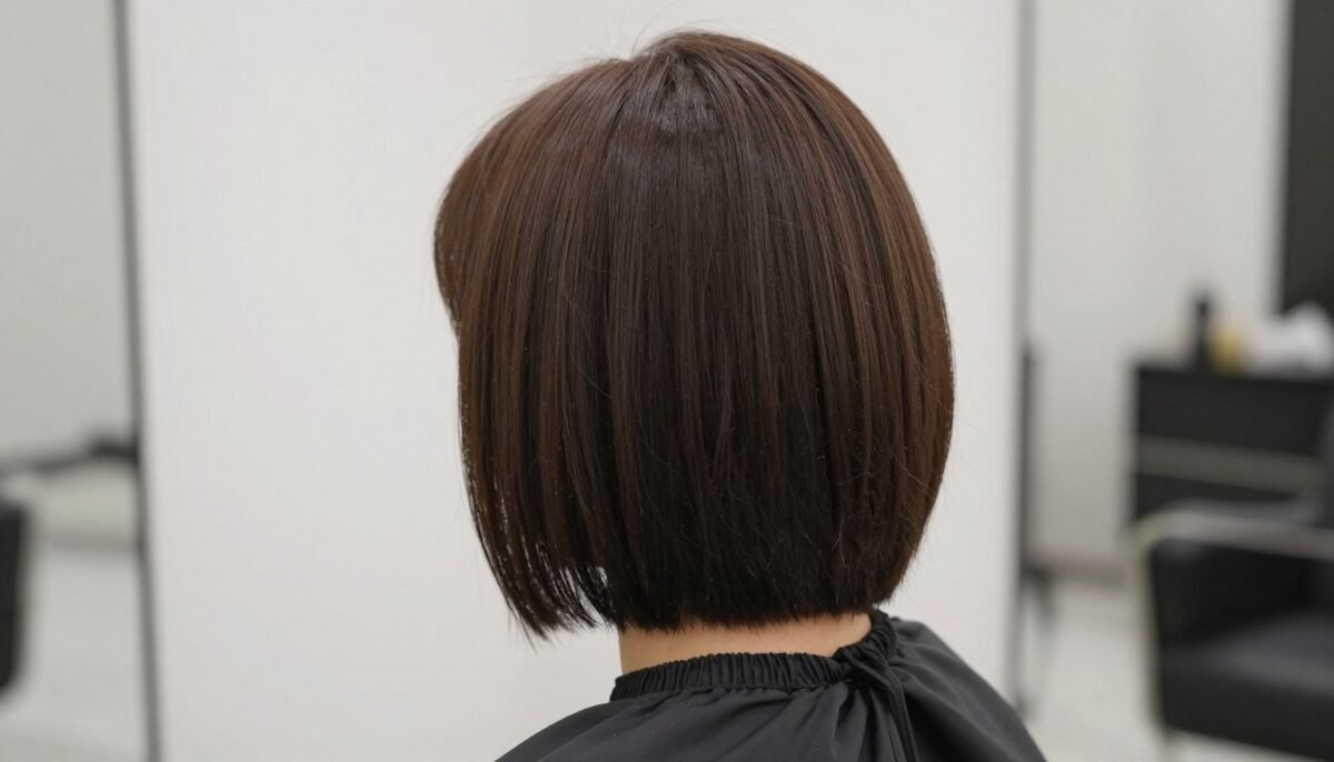 Back view of angled bob showing shorter nape on thin hair