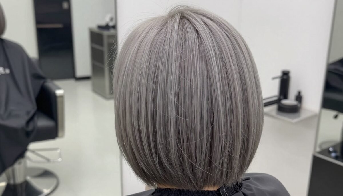 Back view of inverted gray bob showing stacked layers