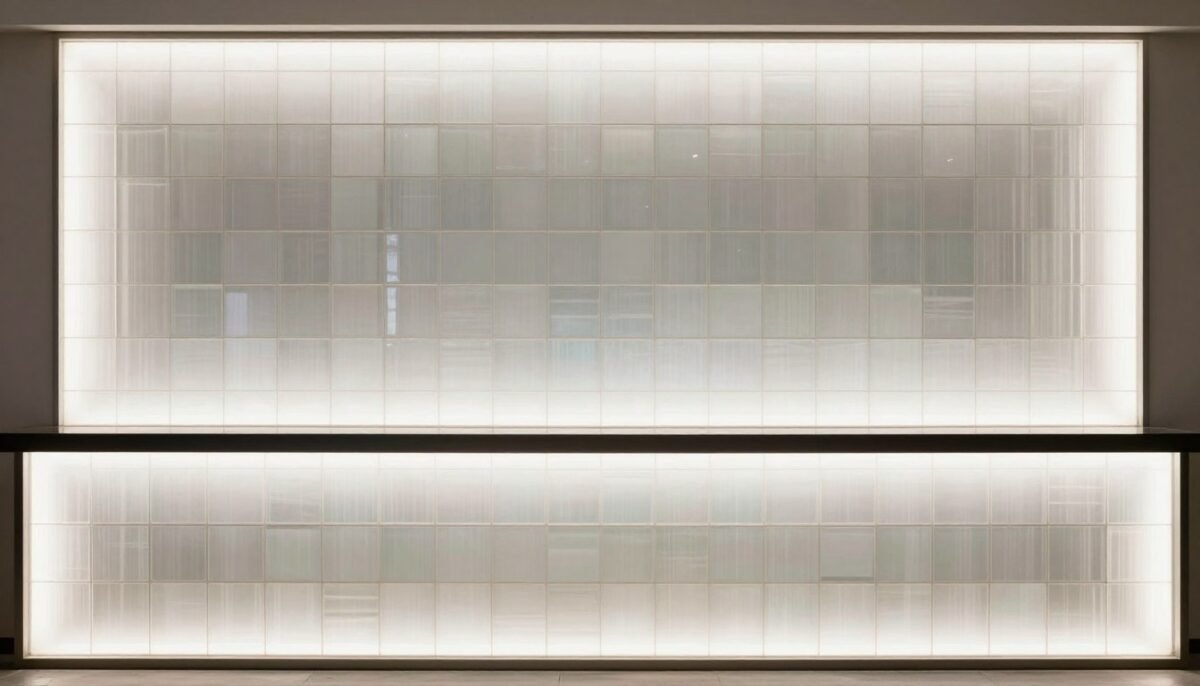 Backlit glass tile backsplash glowing behind bar